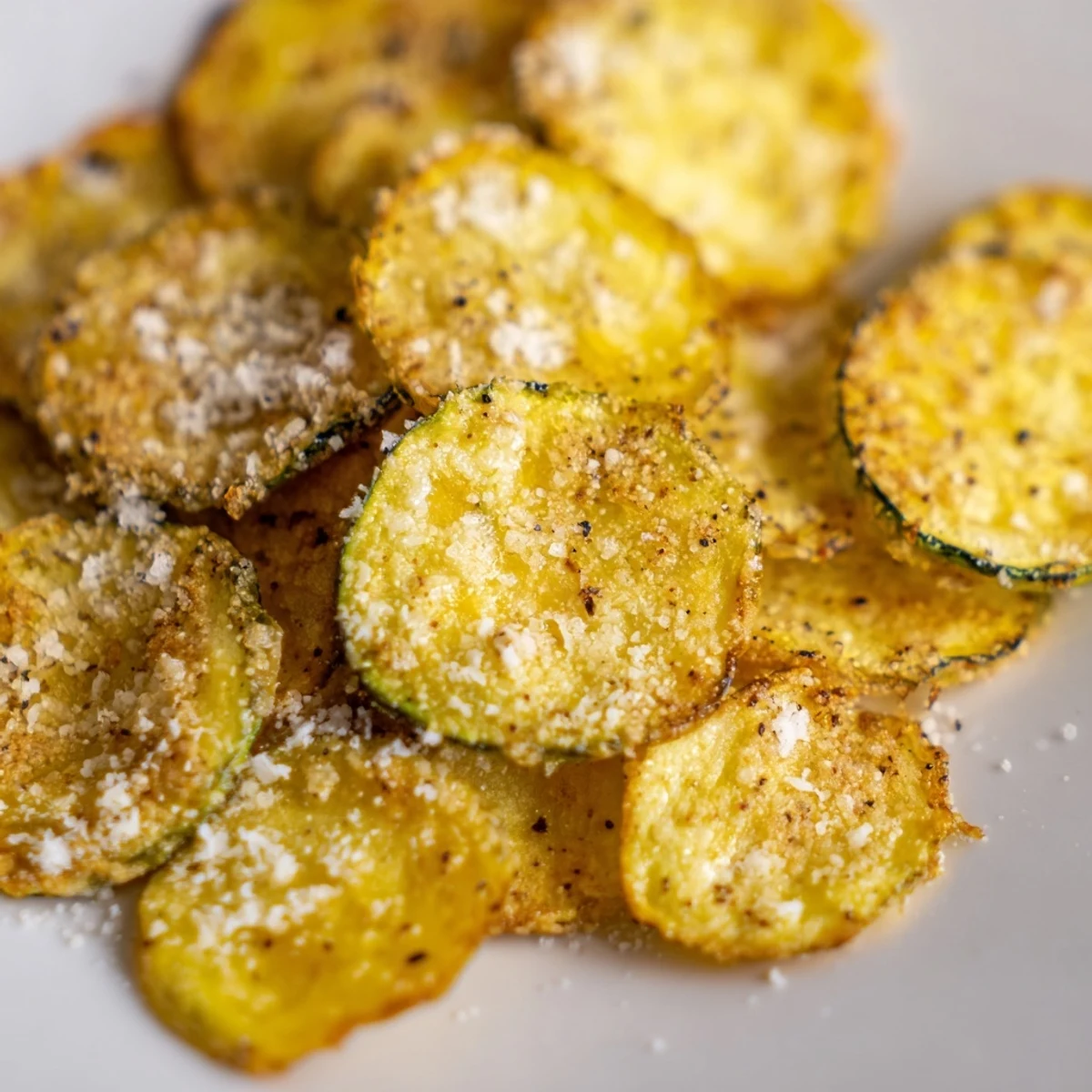 A single layer of thinly sliced zucchini baking in the oven to make Crispy Zucchini Chips.