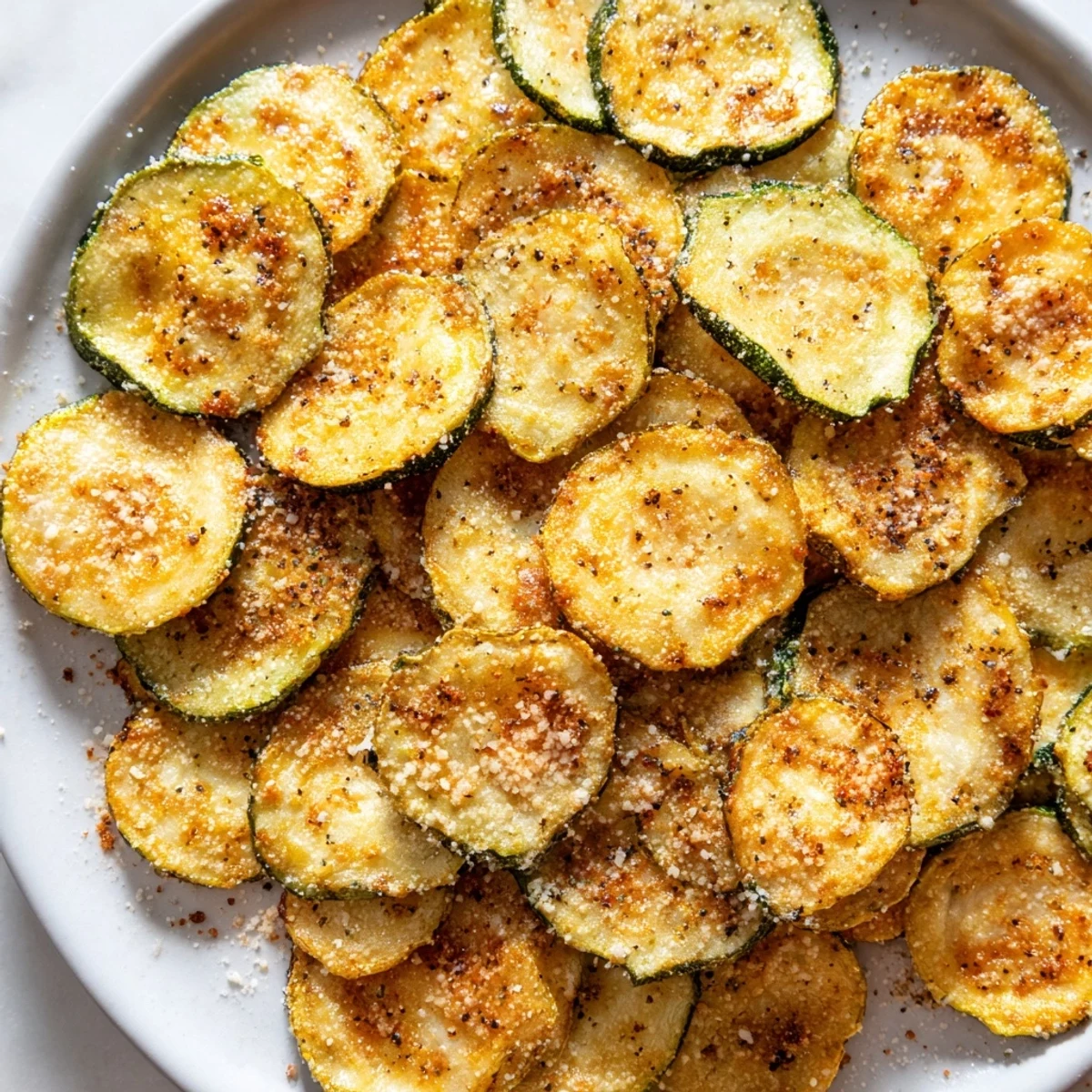 A bowl of Crispy Zucchini Chips seasoned with paprika and garlic powder next to a dipping sauce.