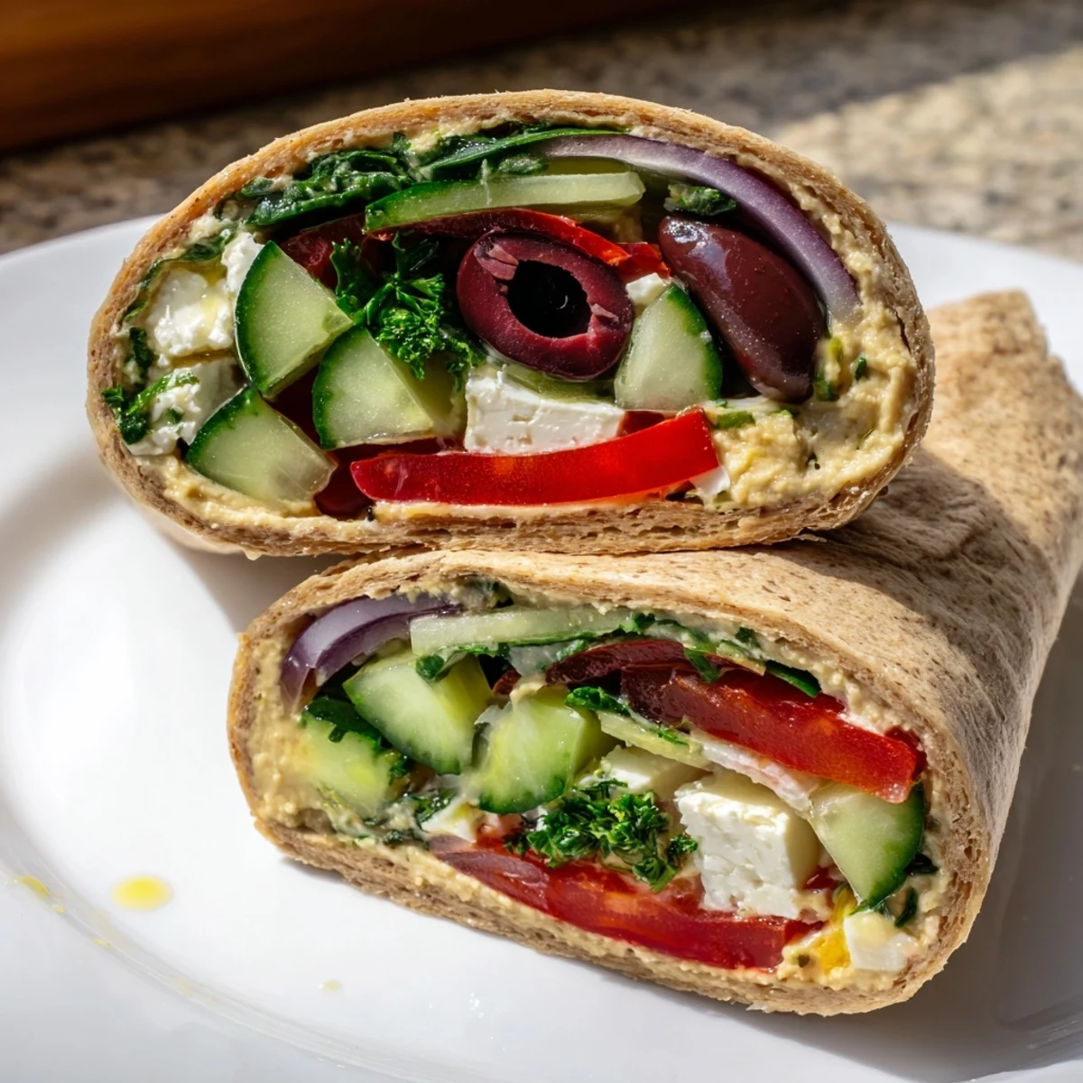 Freshly made Mediterranean Sandwich Wrap sliced in half, revealing creamy hummus, crisp cucumber slices, and crumbled feta cheese.