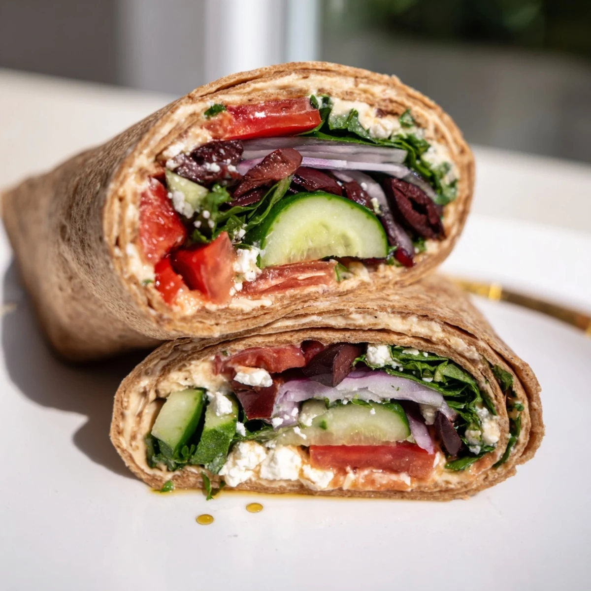 Colorful Mediterranean Sandwich Wrap cut on a diagonal, showing layers of tomato, red onion, and parsley on whole wheat.