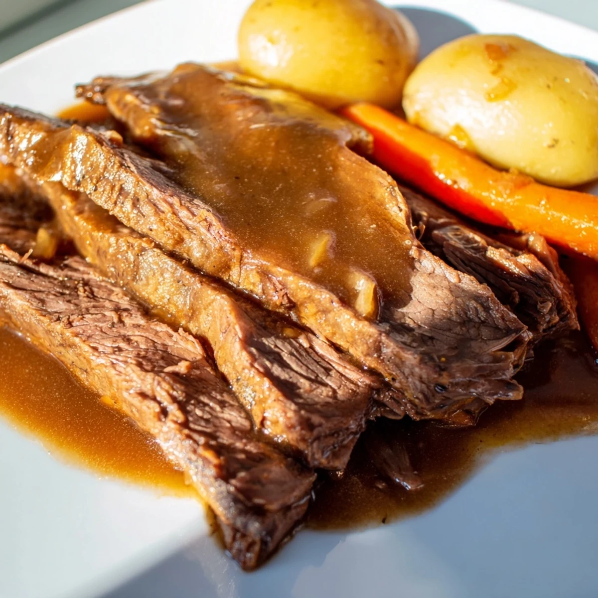 Slow Cooker Roast Beef simmering in a rich gravy, with tender carrots and potatoes in the crockpot.