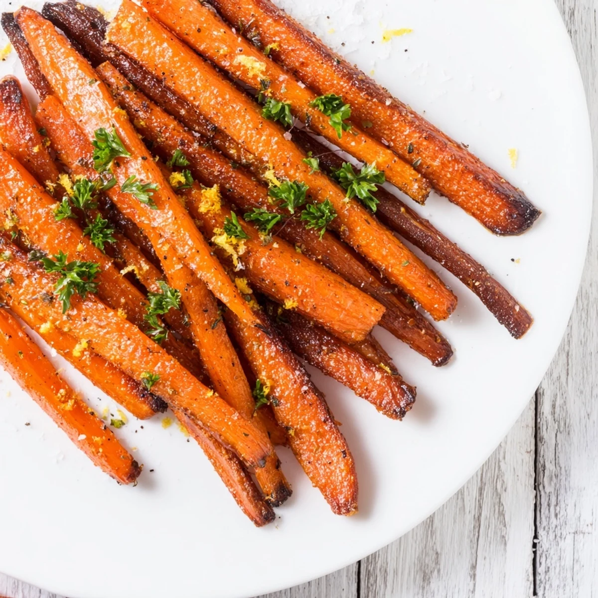 Golden Roasted Carrot Sticks with fresh parsley and lemon zest, a delicious vegan side dish for weeknight dinners. 