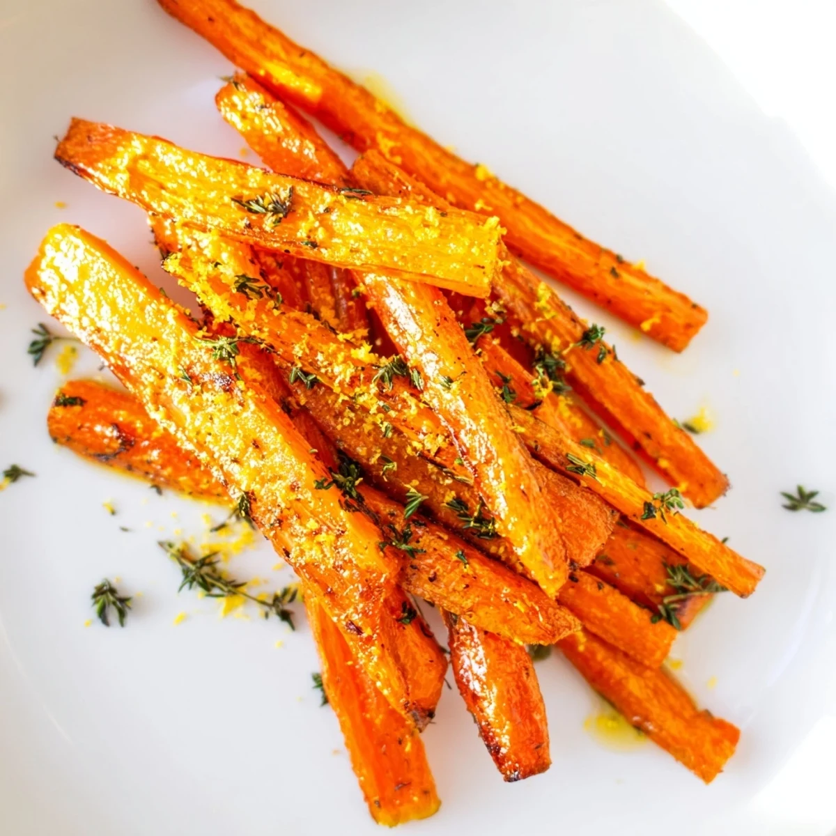 Freshly roasted carrot sticks, lightly caramelized and seasoned with thyme, served warm on a rustic plate. 