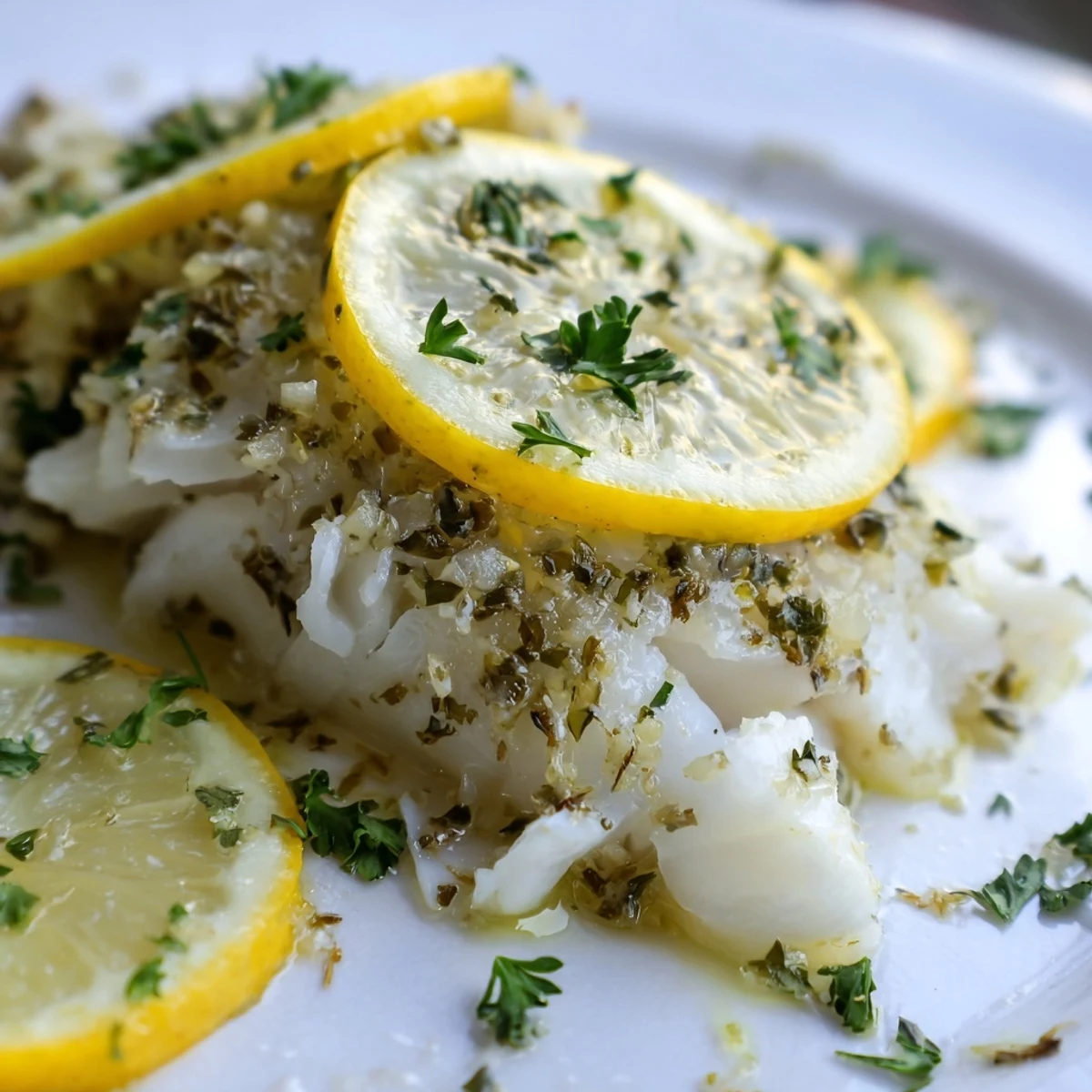 Freshly baked Baked Fish Fillet with Lemon garnished with herbs, steam rising, served alongside vibrant green steamed broccoli.