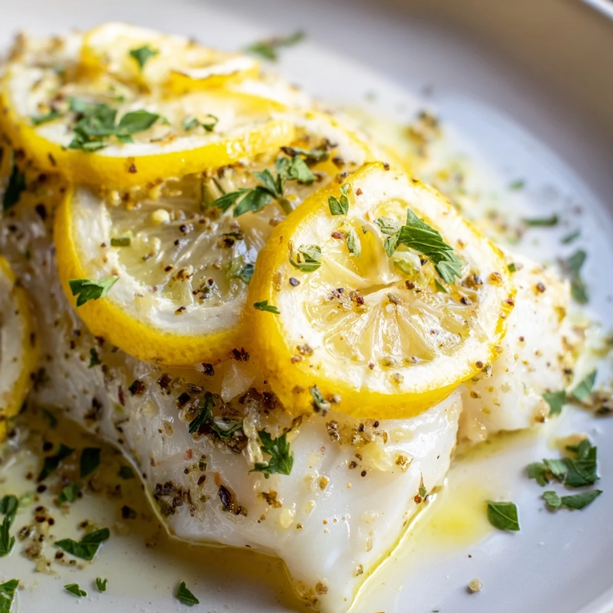 Golden brown Baked Fish Fillet with Lemon topped with fresh parsley and lemon slices, flaking perfectly on a white plate.