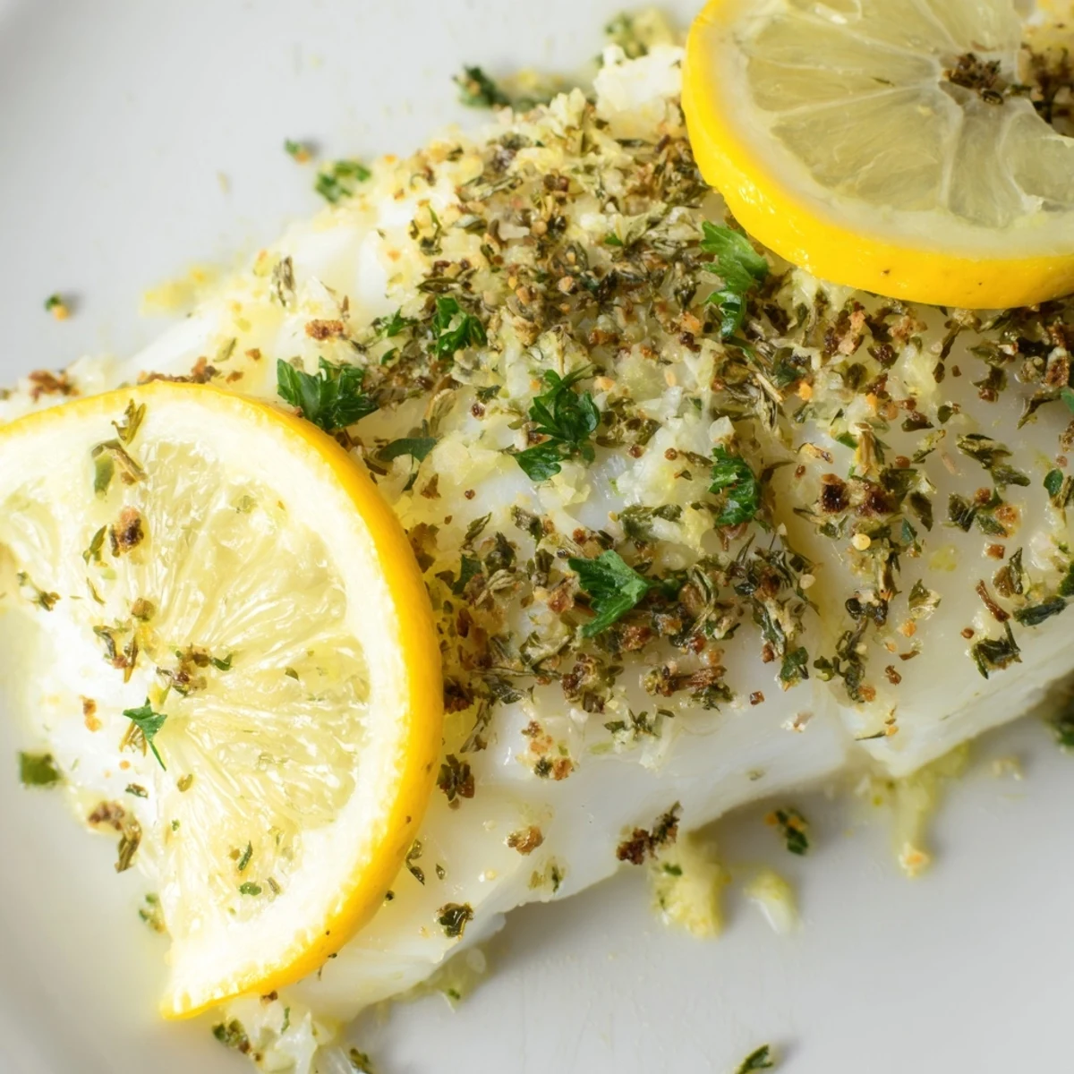 Close-up of Baked Fish Fillet with Lemon, highlighting zesty lemon slices and aromatic herbs on a rustic wooden table.