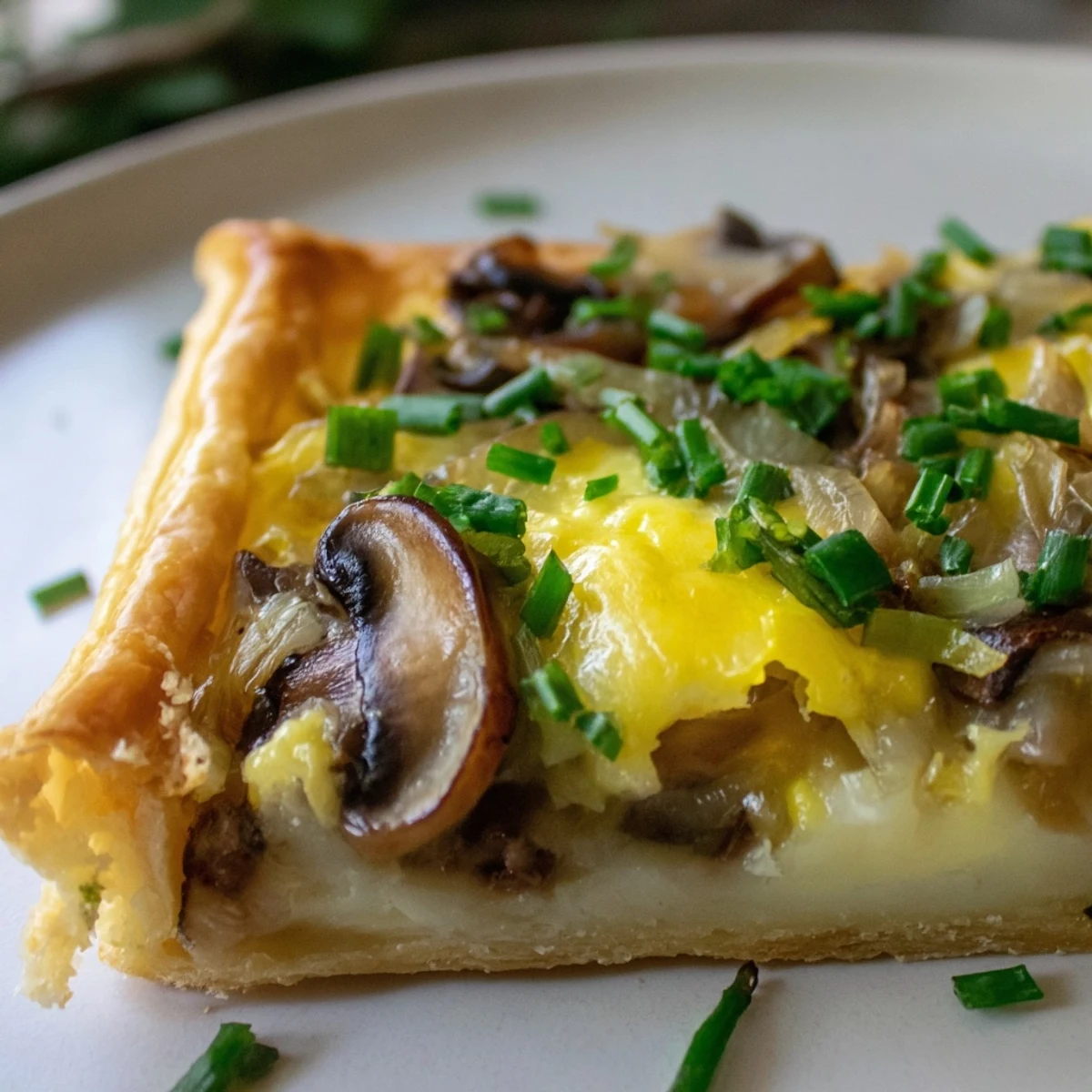 The baked Savory Mushroom and Onion Tart is garnished with fresh chives, cooling on a wire rack for a perfect slice.