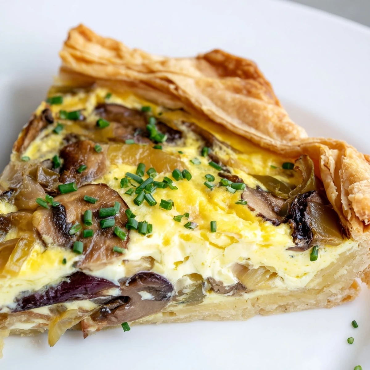 A close-up of a golden Savory Mushroom and Onion Tart with a flaky crust, filled with caramelized onions and earthy mushrooms.