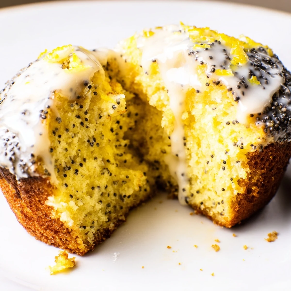 Four warm Lemon Poppy Seed Muffins with Yogurt displayed on a wooden board, topped with a sweet lemon glaze dripping down the sides.