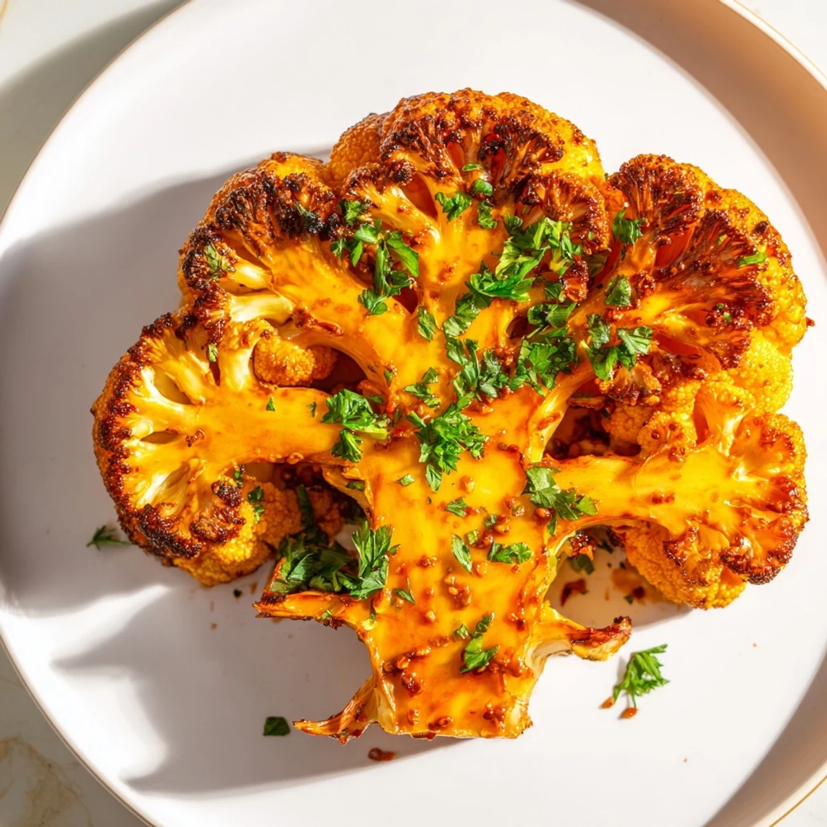 Two thick roasted cauliflower steaks with harissa brush beside couscous and a crisp green salad.
