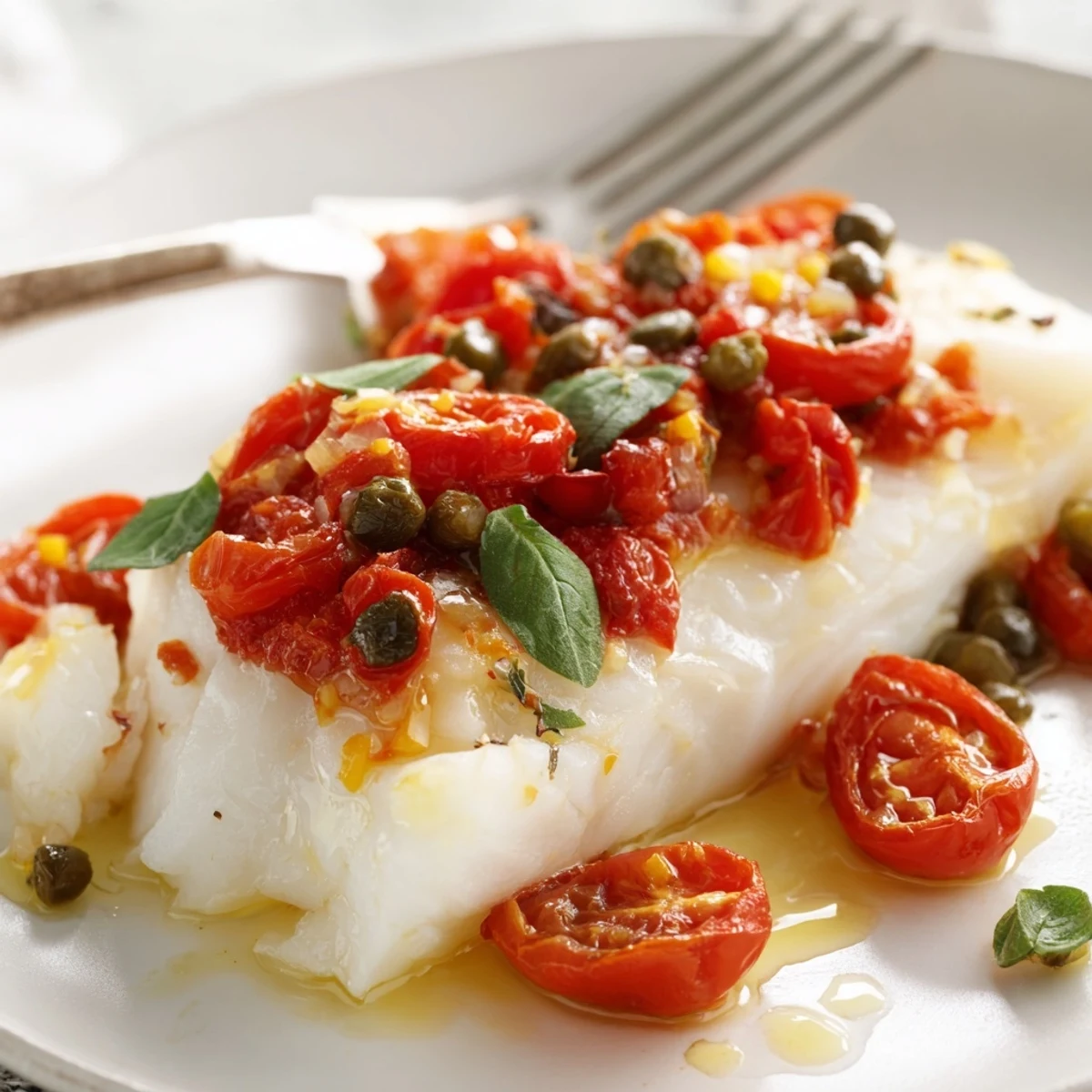 Flaky baked cod fillets topped with a vibrant cherry tomato sauce, fresh herbs, and a hint of garlic.