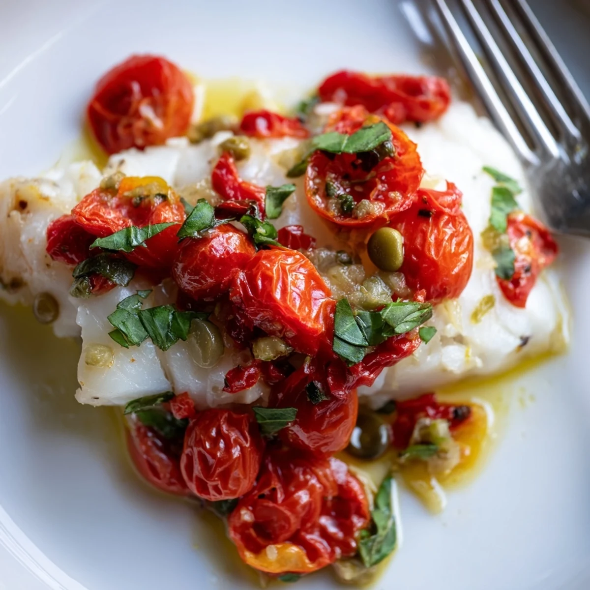 A close-up of baked cod with cherry tomato sauce served on a white plate, garnished with fresh parsley.