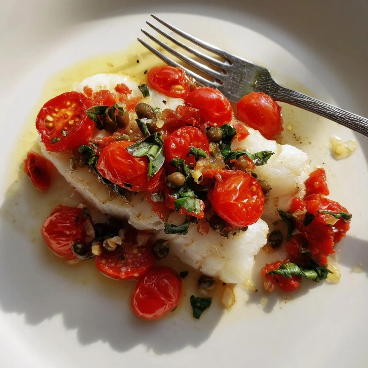 Baked Cod with Cherry Tomato Sauce plated with steamed rice and lemon wedges for a light dinner.