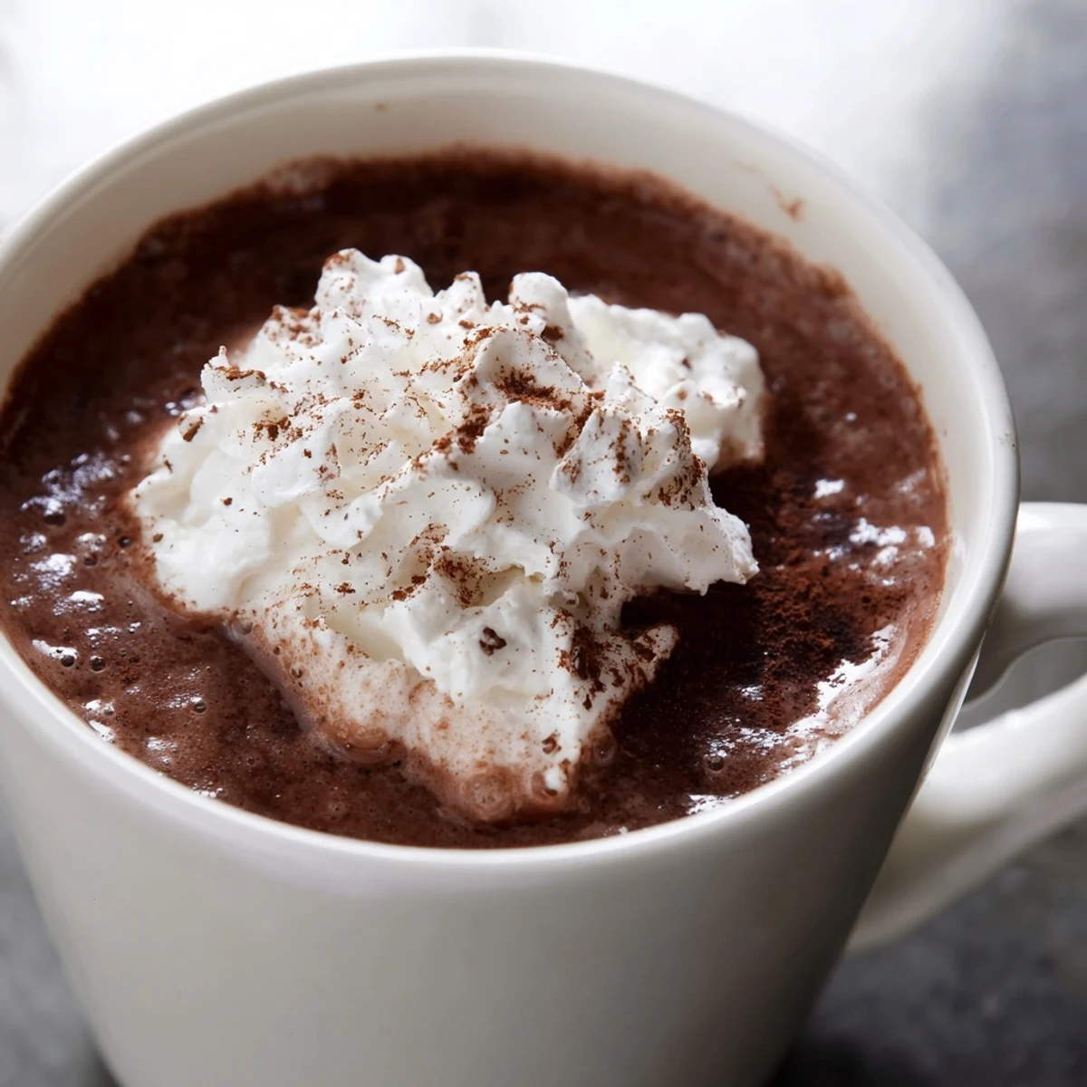 Steaming Spiced Hot Chocolate with Whipped Topping fills a rustic ceramic mug.  