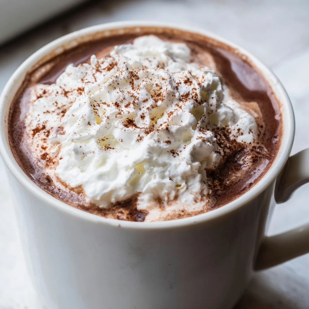 Creamy Spiced Hot Chocolate with Whipped Topping topped with a fluffy swirl and cinnamon.  
