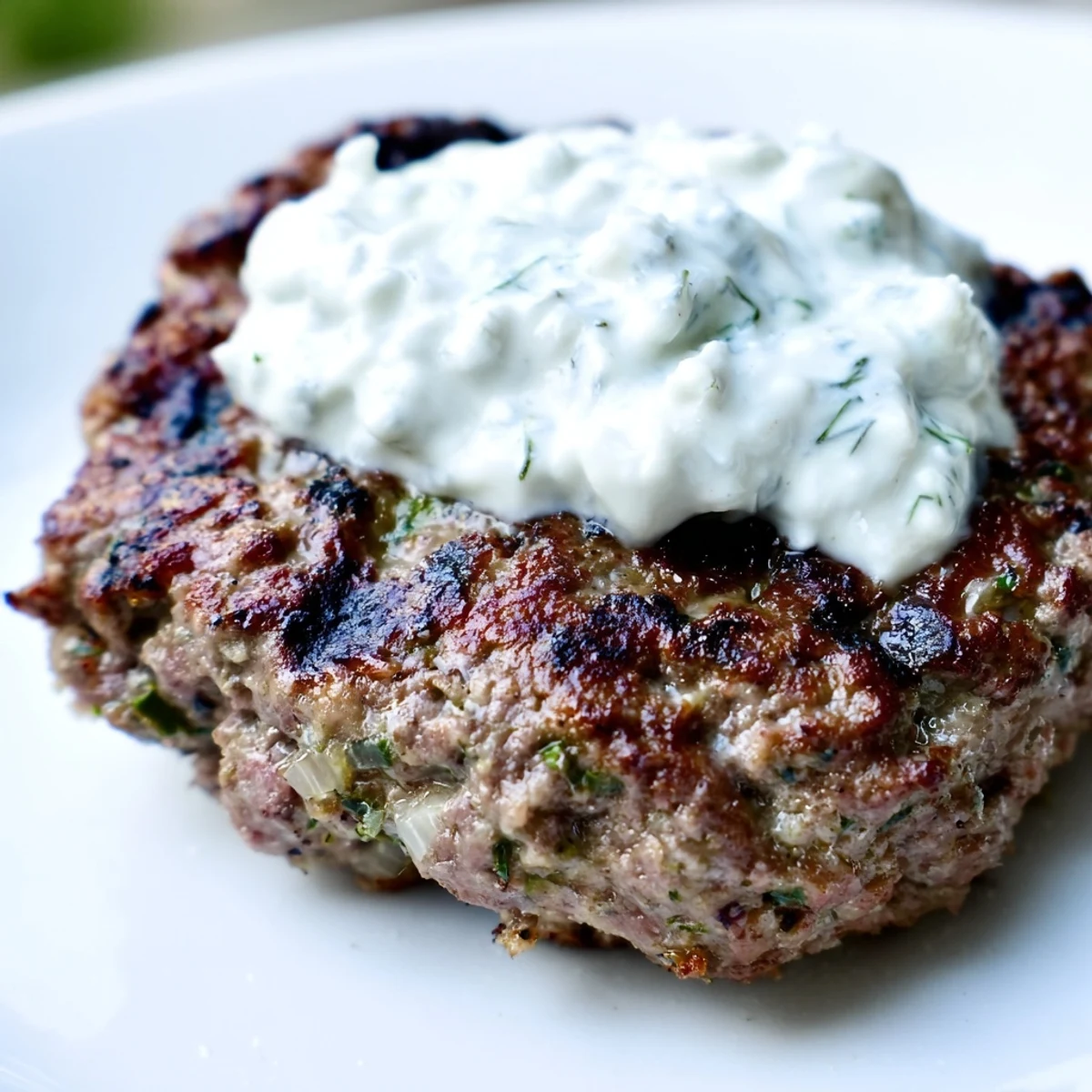 Grilled Beef Kofta Kebabs with Tzatziki on a plate with fresh lemon wedges and pita bread.