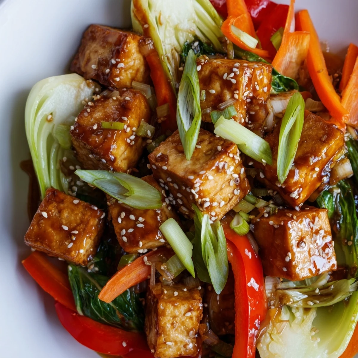 Close-up of crispy tofu and tender bok choy in a savory stir fry, garnished with sesame seeds and green onions.