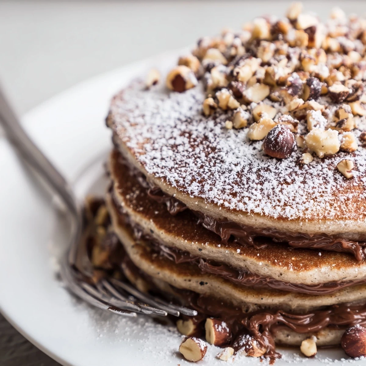 Golden-brown Chocolate Hazelnut Spread Pancakes on a plate, dusted with powdered sugar and surrounded by fresh raspberries and blueberries.