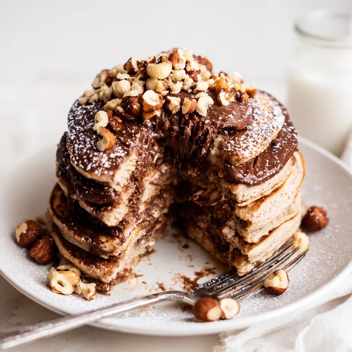 Fluffy Chocolate Hazelnut Spread Pancakes stacked high, drizzled with extra spread and topped with chopped toasted hazelnuts for crunch.