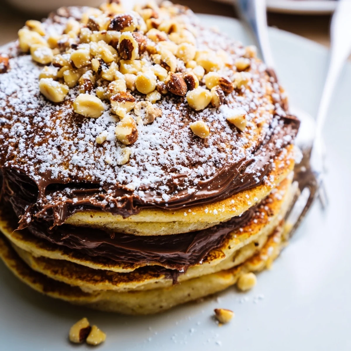 Warm Chocolate Hazelnut Spread Pancakes with melted spread oozing between layers, served alongside a steaming mug of black coffee.