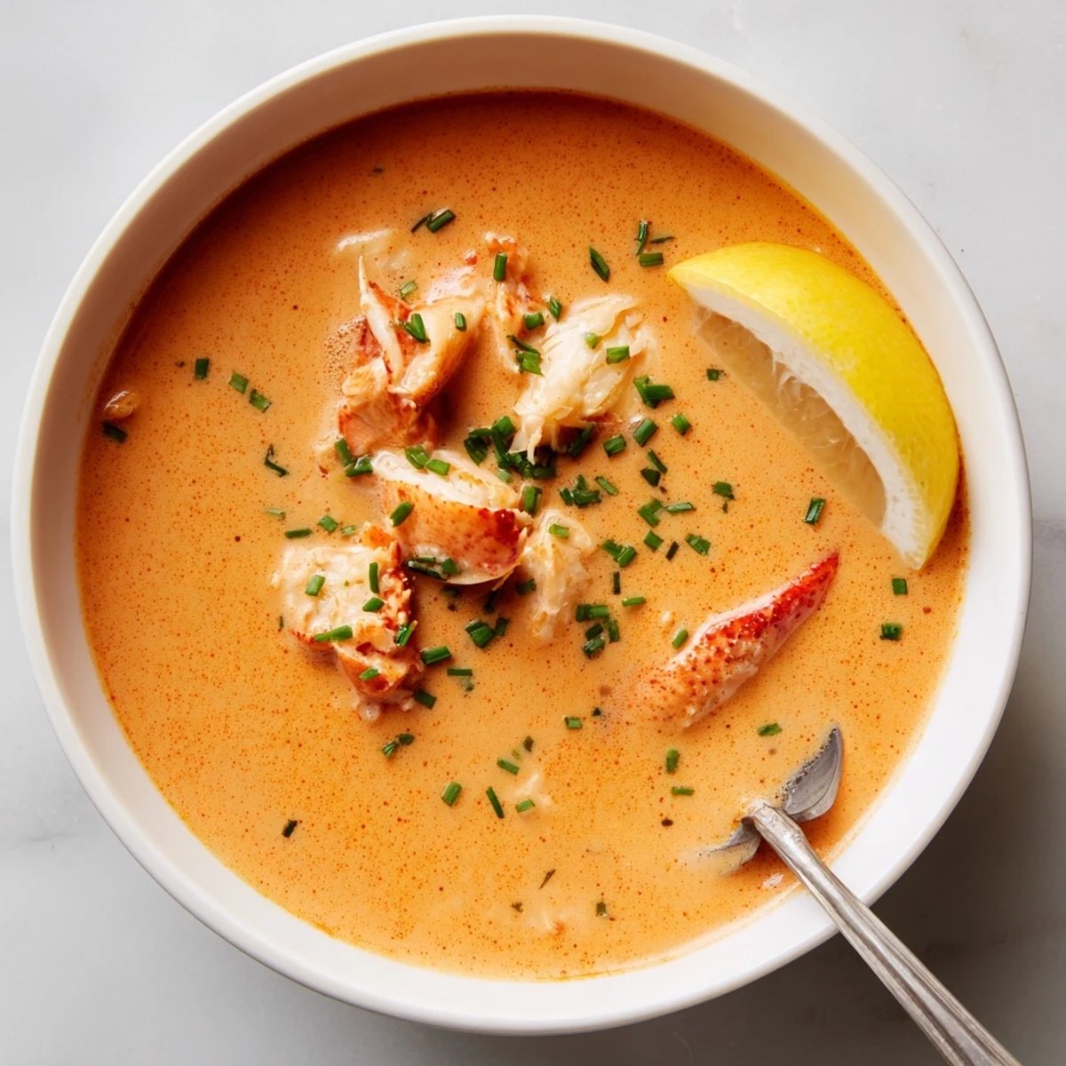 Creamy Lobster Bisque served warm in a white bowl, garnished with fresh chives and a wedge of lemon.
