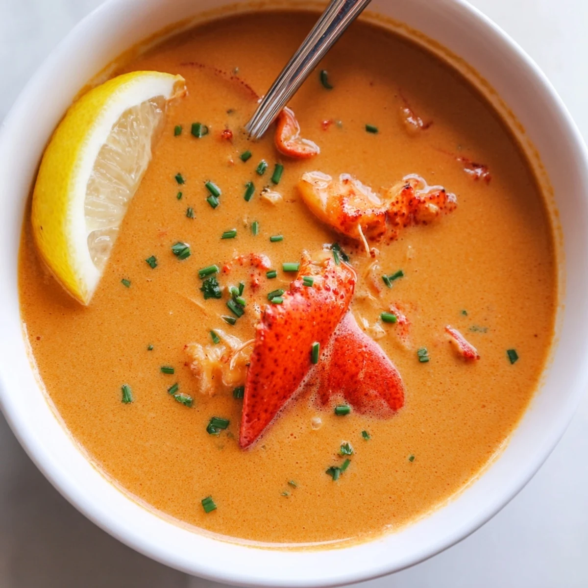 Rich Creamy Lobster Bisque paired with crusty artisan bread for dipping on a rustic wooden table.