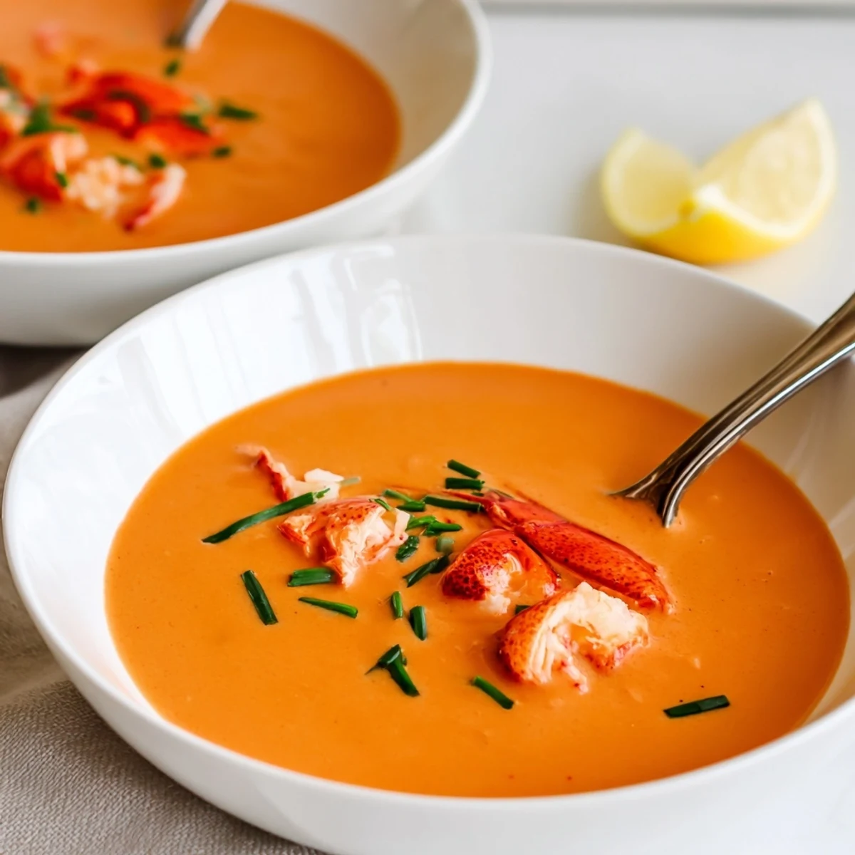 A close-up of velvety Creamy Lobster Bisque with tender lobster meat pieces and a swirl of heavy cream.