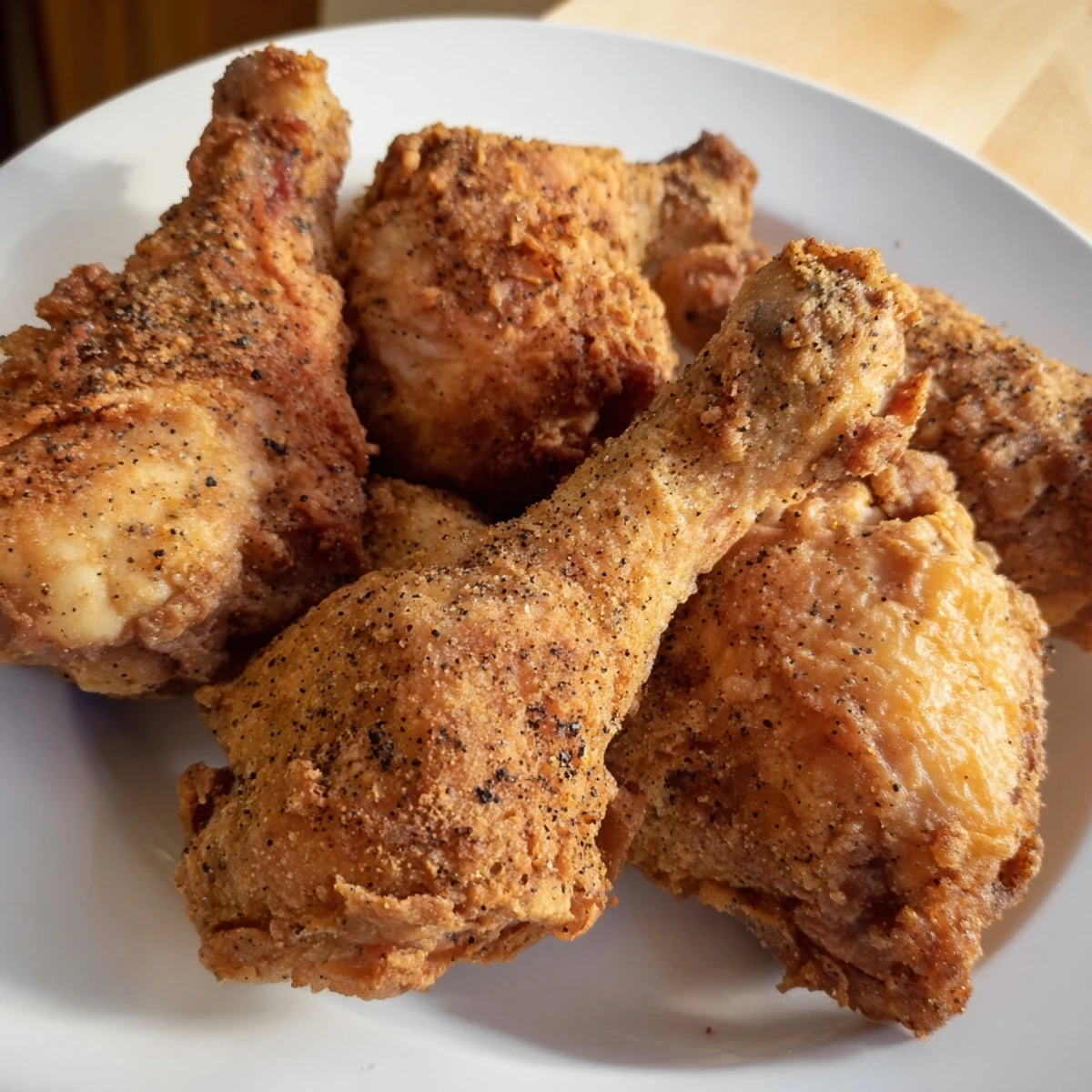 Golden-brown crispy fried chicken pieces rest on a wire rack, with the seasoned crust glistening and steam rising from the juicy interior.