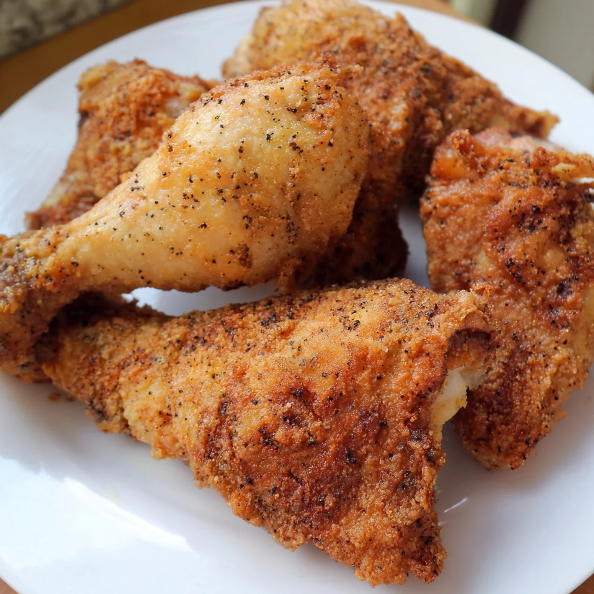 Homestyle crispy fried chicken is served alongside creamy coleslaw and dill pickles on a rustic wooden table for a classic meal.