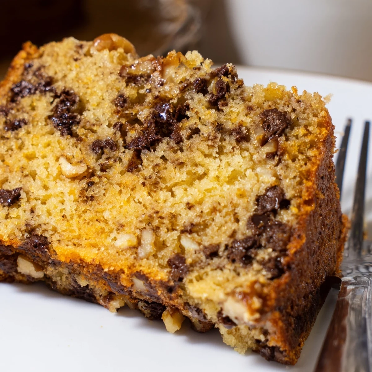 Warm Baked Goodness with Smell quick bread sliced neatly, showing tender crumb and chocolate chips, ready for breakfast.