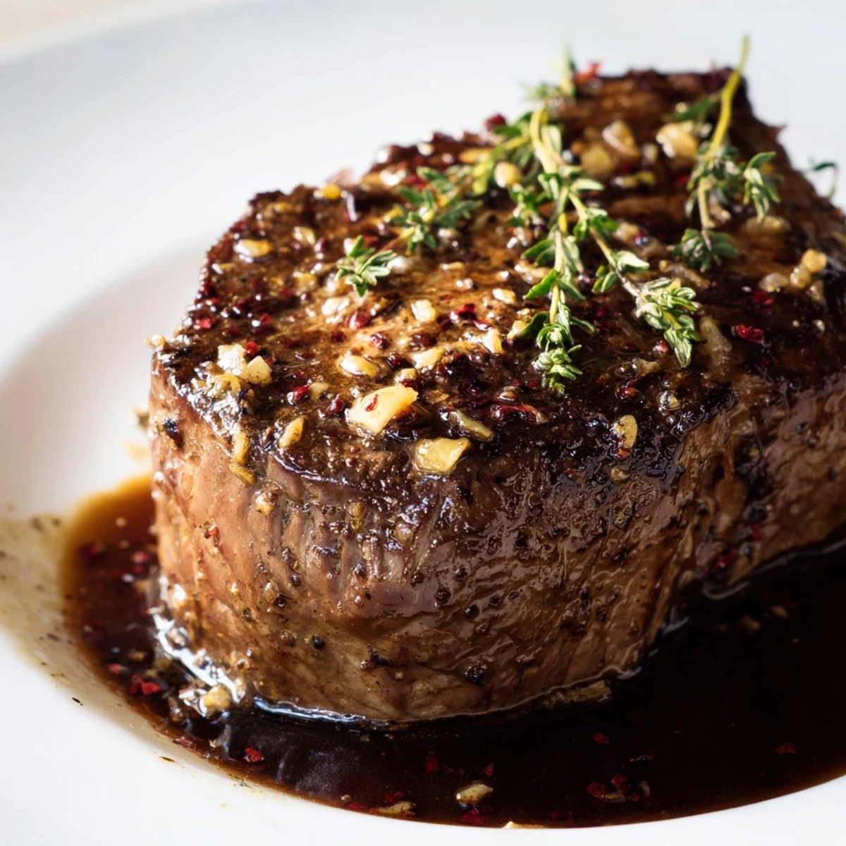 Golden-brown pan-seared beef fillet steak resting on a white plate, drizzled with rich red wine pan sauce and fresh thyme.