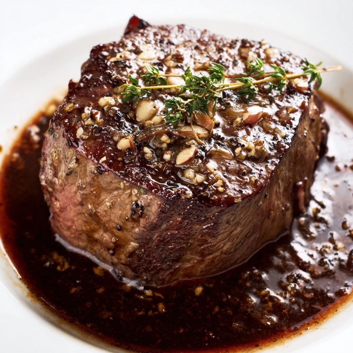 Juicy beef fillet steak topped with a glossy red wine sauce and parsley garnish on a dark rustic serving platter.