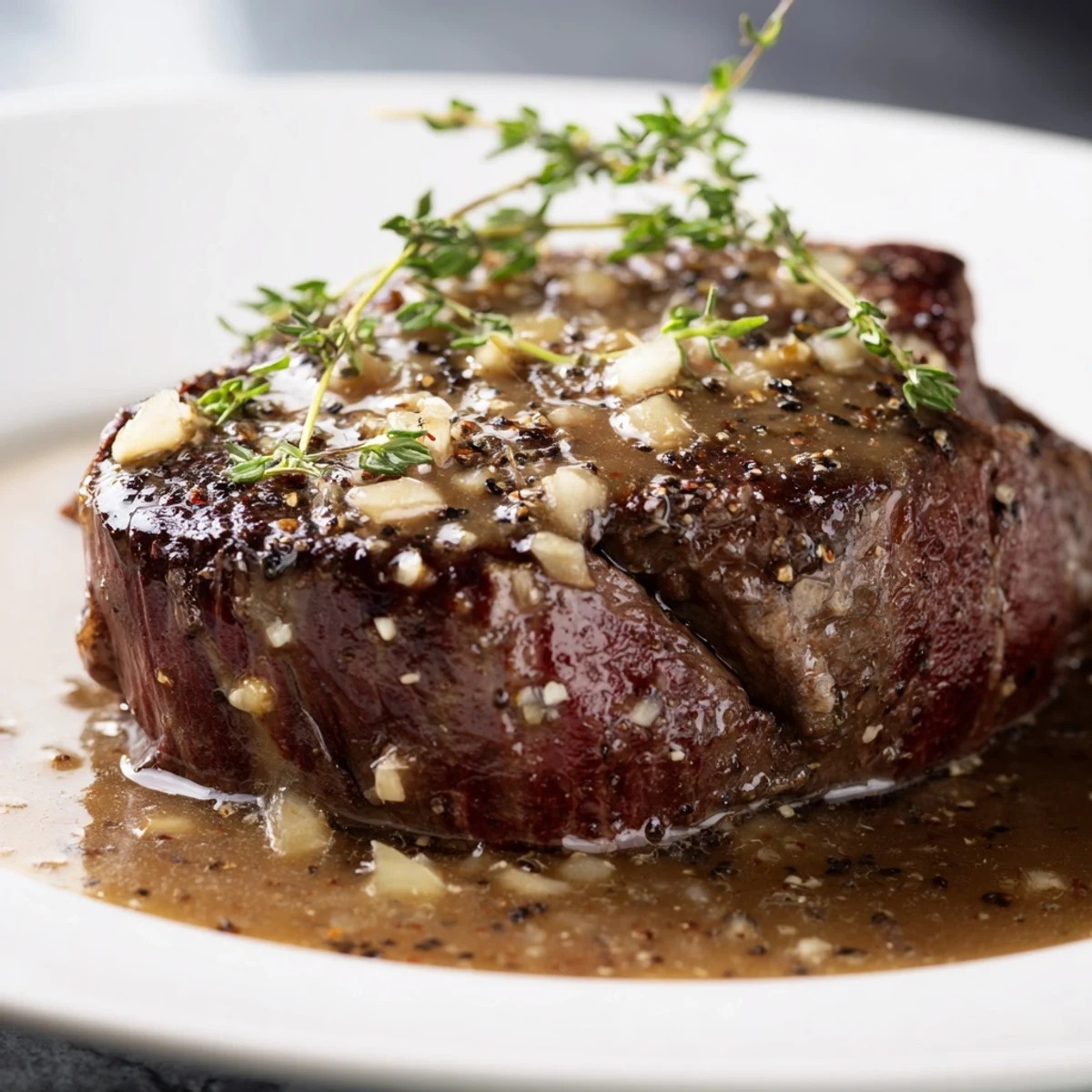 Tender sliced beef fillet steak showing a pink medium-rare interior, served with roasted potatoes and green beans for dinner.