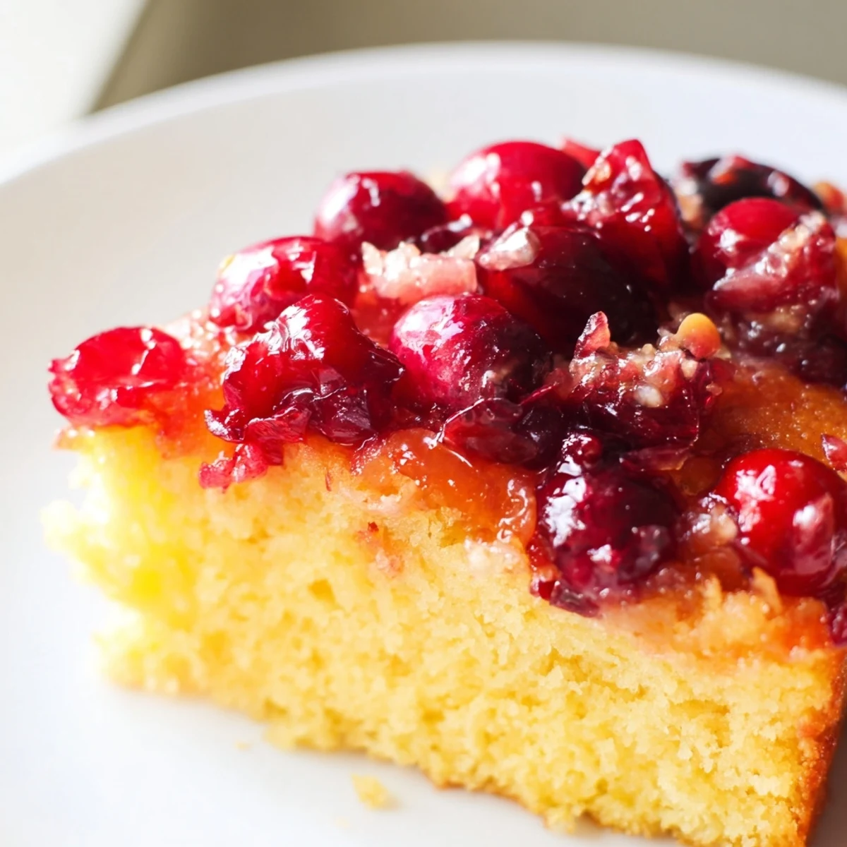 A slice of Cranberry Topping with Cake shows a moist crumb and tart red berries.