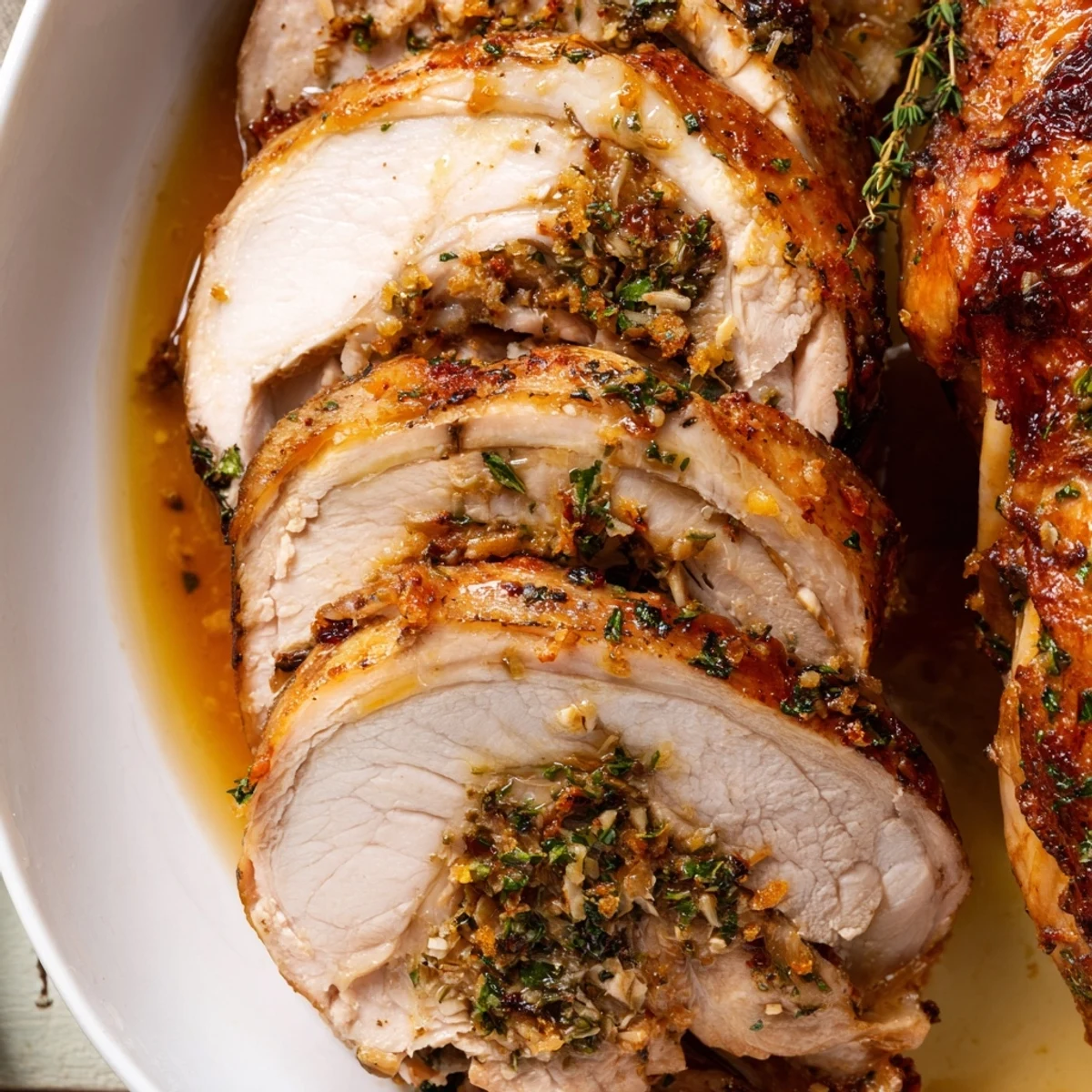 Roasted Lemon Herb Turkey Breast resting on a platter, garnished with rosemary and surrounded by caramelized onions.