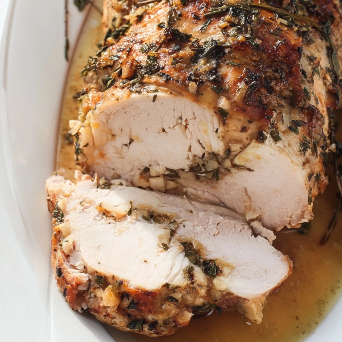 Juicy, golden-brown Lemon Herb Roasted Turkey Breast with fresh herbs and lemon slices, carved and ready to serve.