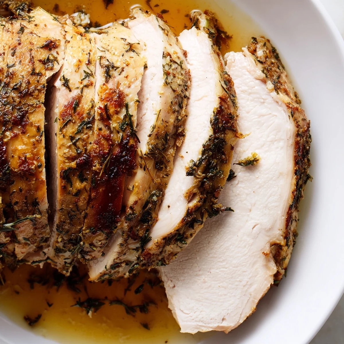 Succulent Lemon Herb Roasted Turkey Breast glistening with pan juices, served alongside fresh lemon wedges and herbs.