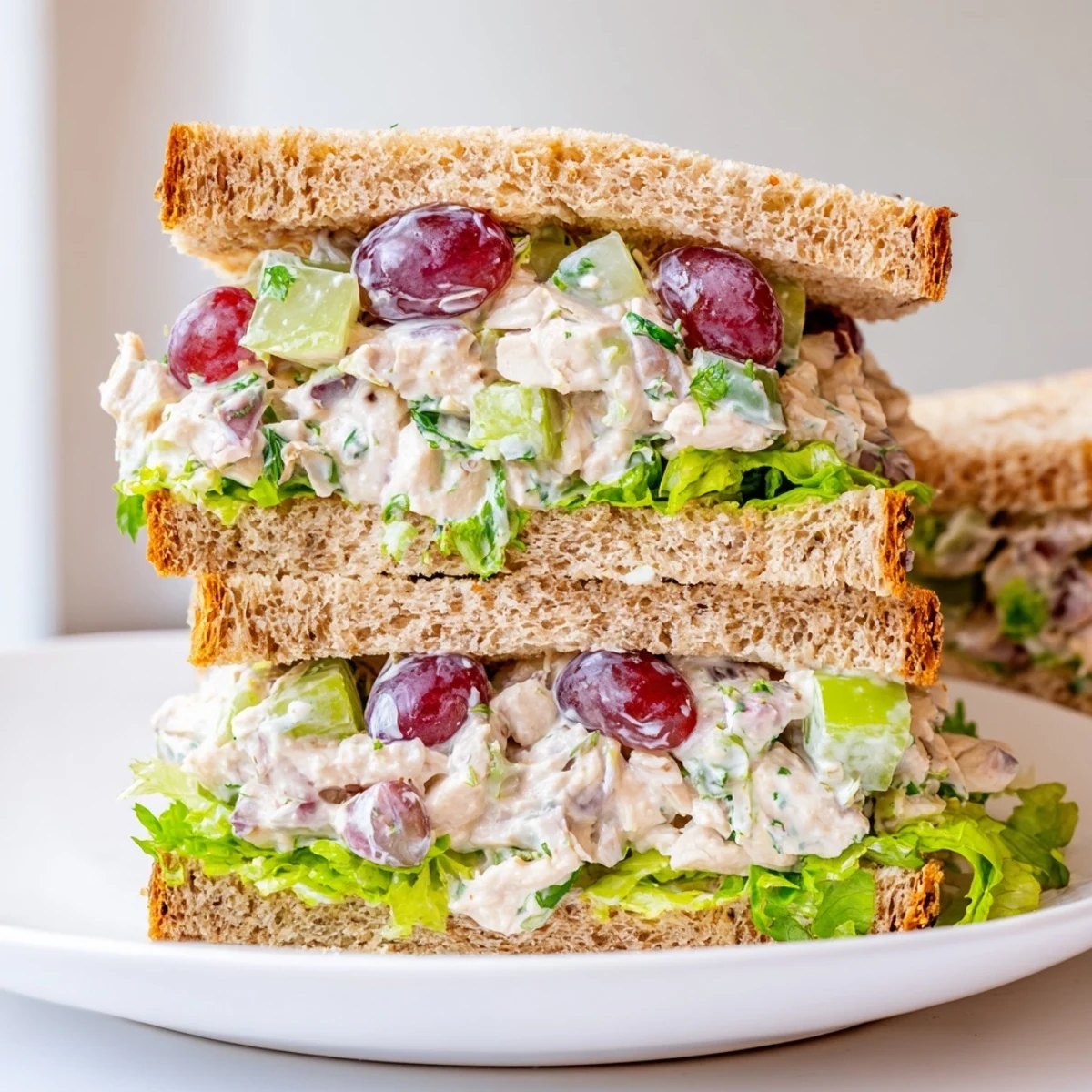 Half-eaten Chicken Salad Sandwich with Grapes on rustic bread, highlighting juicy grapes and a generous creamy chicken filling.