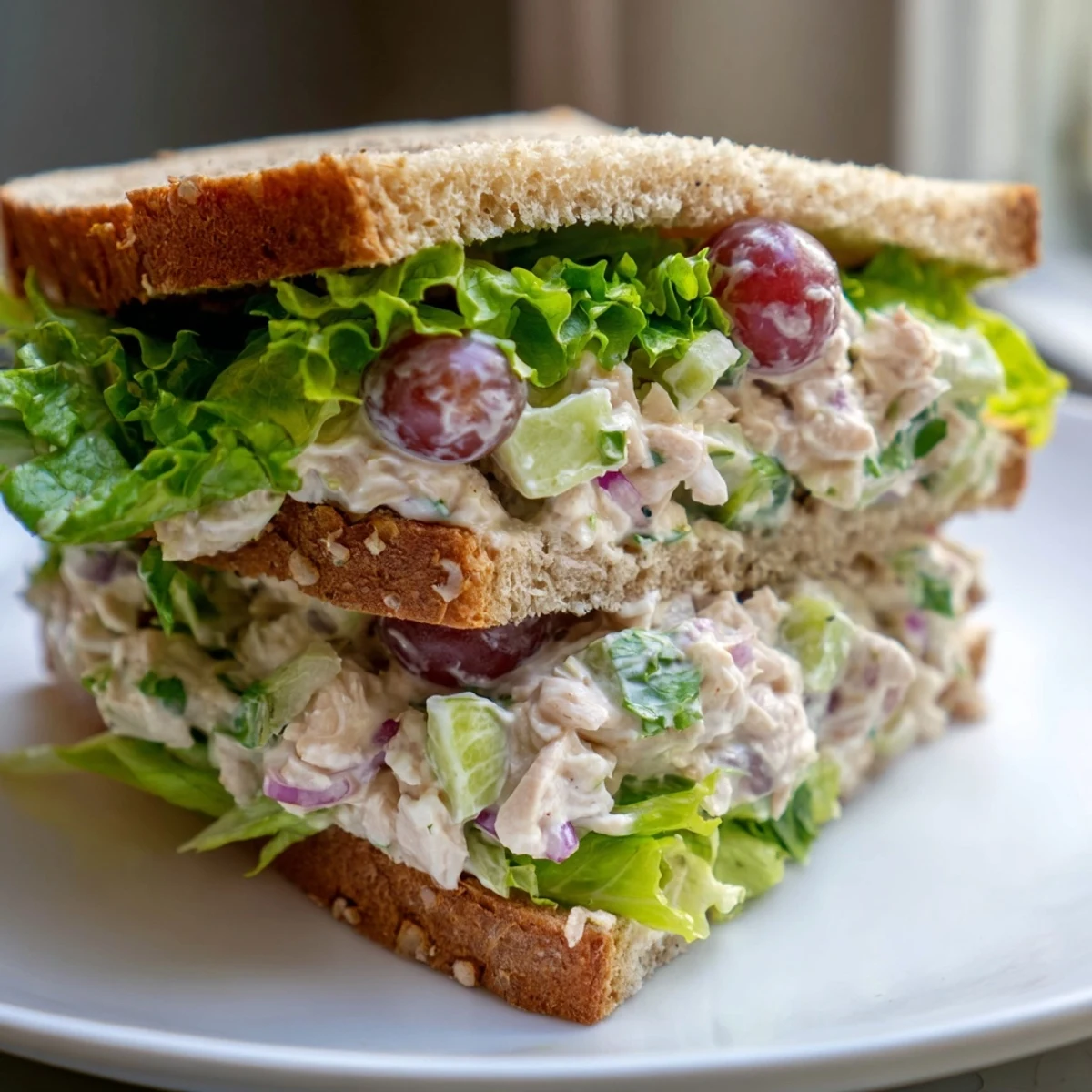 A delicious Chicken Salad Sandwich with Grapes served on a plate, featuring halved red grapes and crunchy celery pieces.