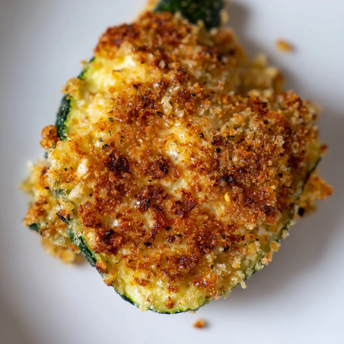 Freshly made Crispy Air Fryer Zucchini Chips with a golden parmesan and panko crust on a rustic plate.