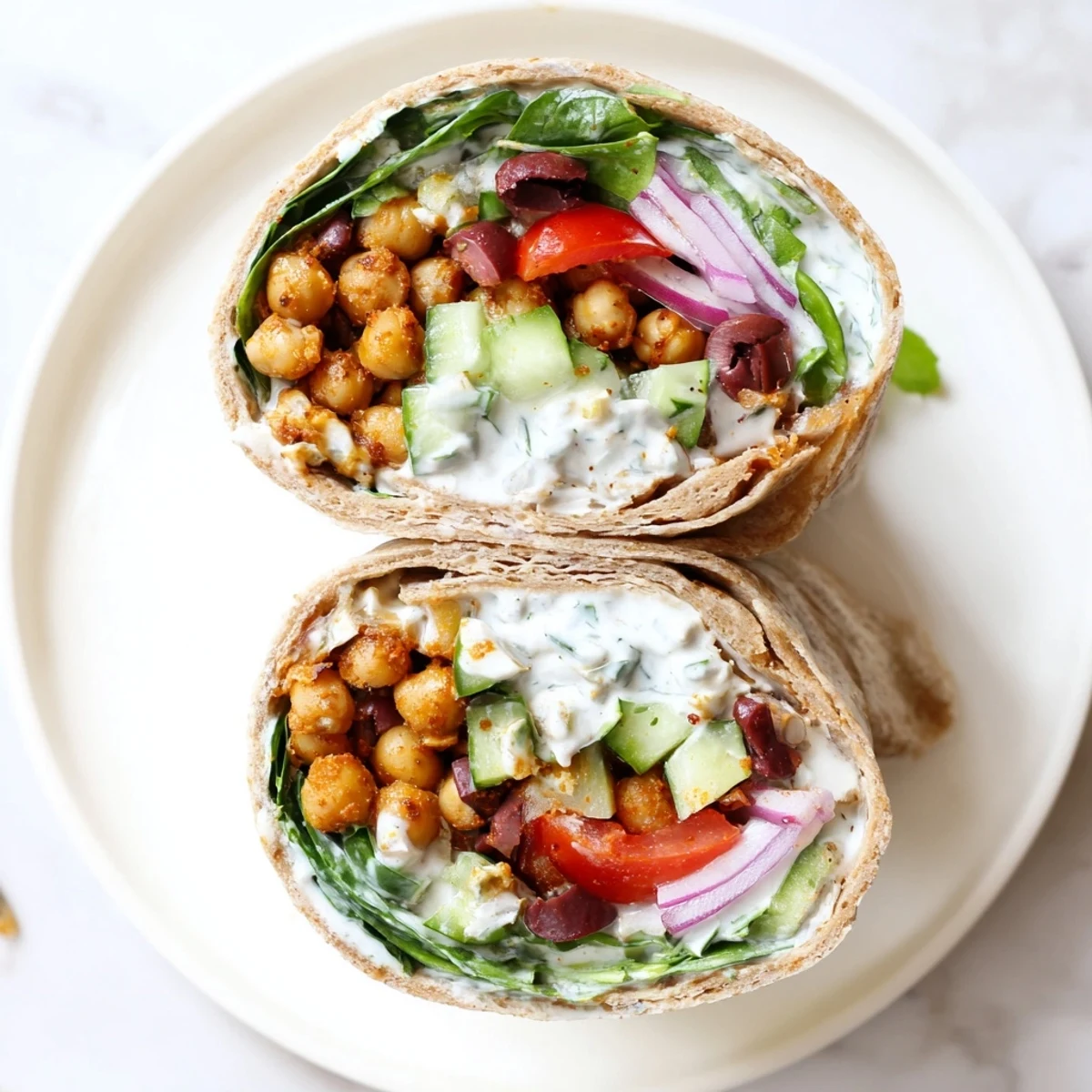 Fresh Mediterranean Chickpea Wrap with golden spiced chickpeas, crisp cucumbers, and creamy dill yogurt sauce on a whole wheat tortilla.