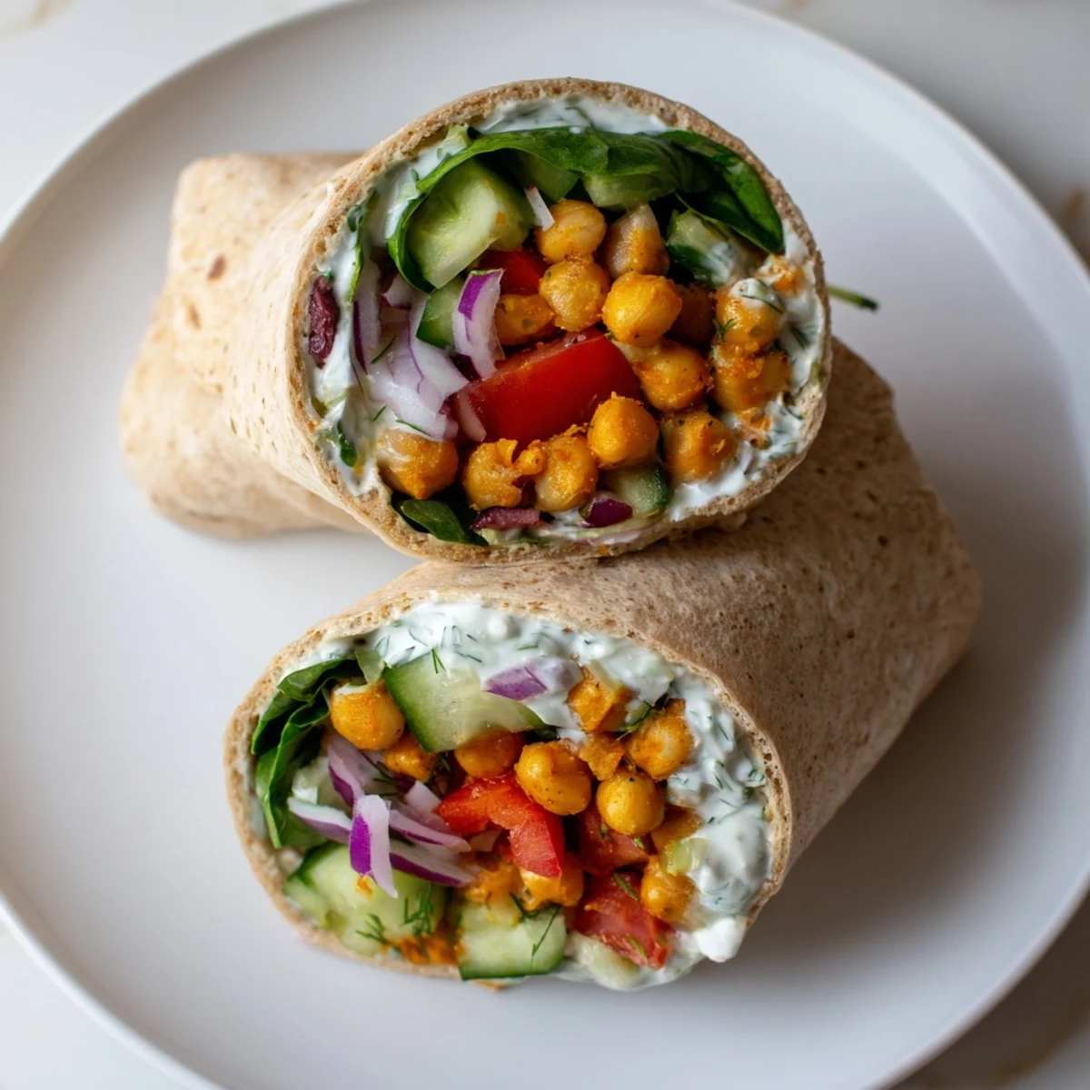 Whole wheat Mediterranean Chickpea Wrap stuffed with sautéed chickpeas, red onion, and greens, cut in half for a quick vegetarian lunch.