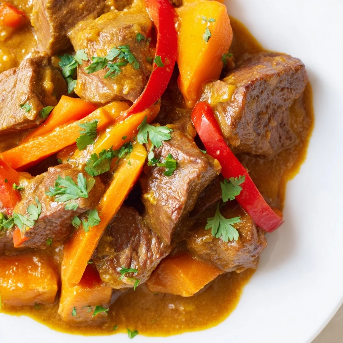 Tender shredded beef and sliced carrots in a rich, aromatic Slow Cooker Beef Curry with Coconut Milk, stewed to perfection.