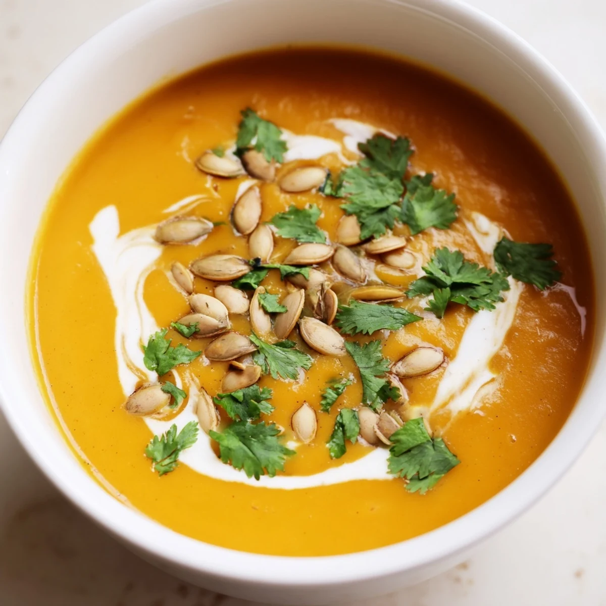 Golden roasted butternut squash soup with ginger simmers in a rustic bowl, garnished with pumpkin seeds and cilantro.