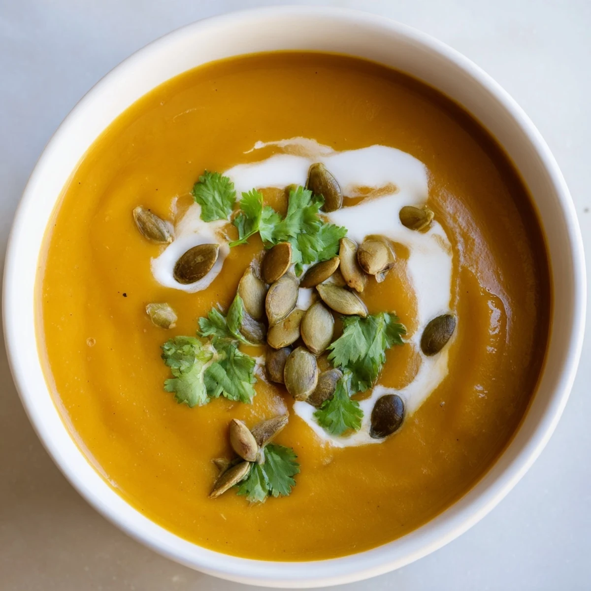 Creamy butternut squash soup with ginger is poured from a pot, showing its velvety orange texture.