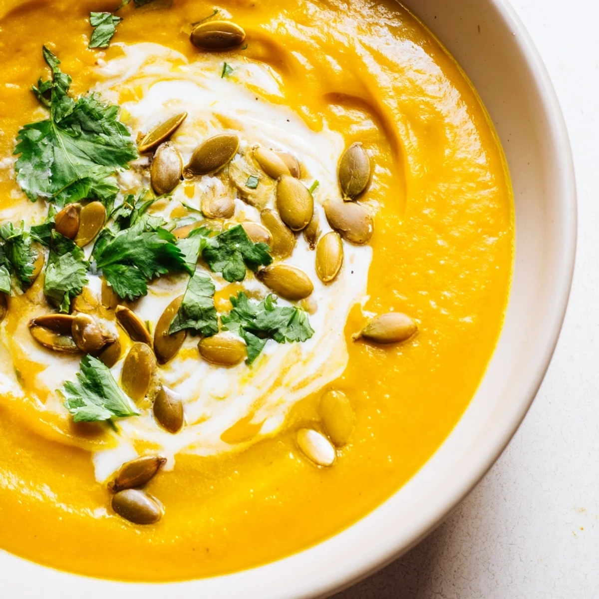 A warm bowl of roasted butternut squash soup with ginger sits beside fresh bread, topped with coconut cream.