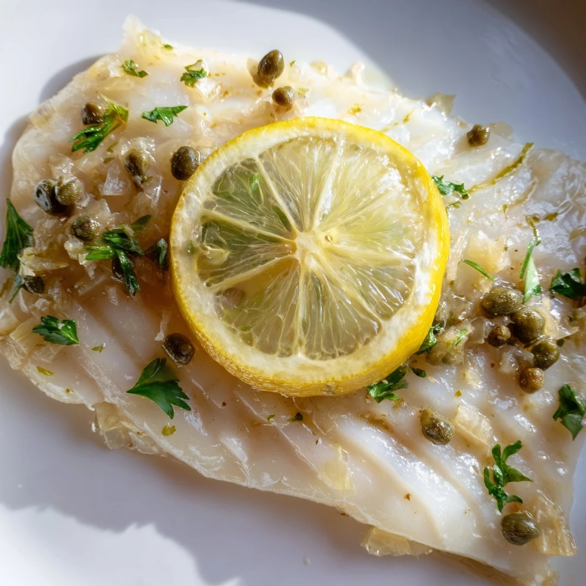 Foil-baked Baked Cod with Lemon and Capers glistens with olive oil and bright lemon slices.