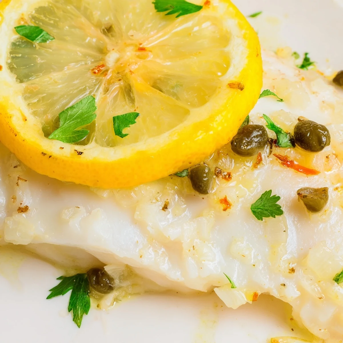 Golden Baked Cod with Lemon and Capers flake easily, topped with briny capers and fresh parsley.