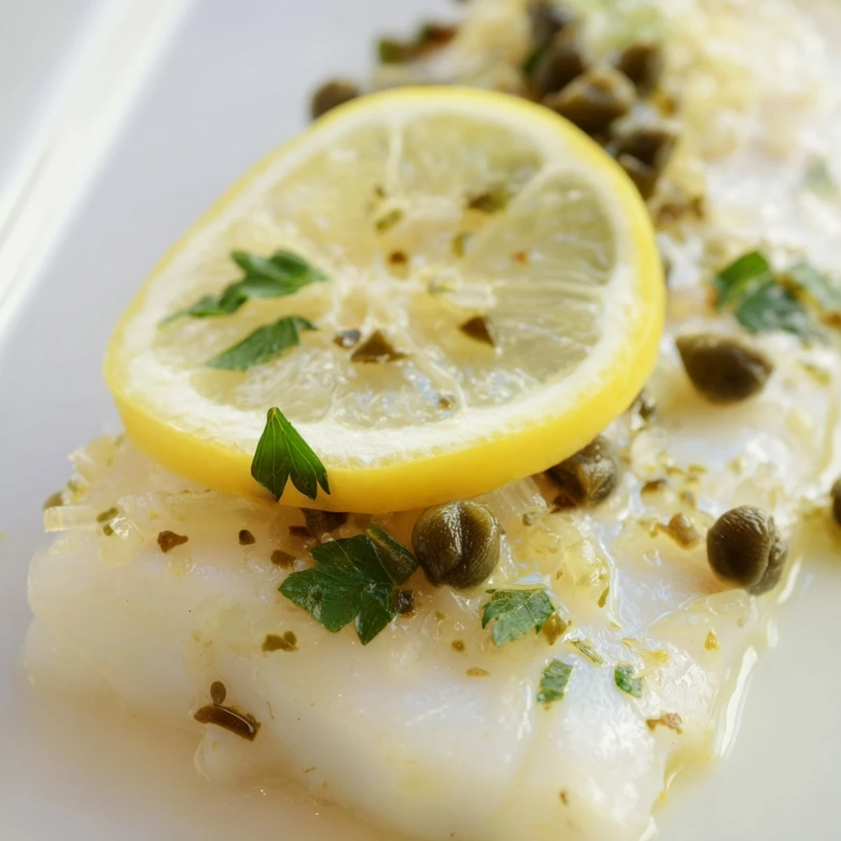 Freshly baked Baked Cod with Lemon and Capers served alongside colorful steamed vegetables for a healthy dinner.