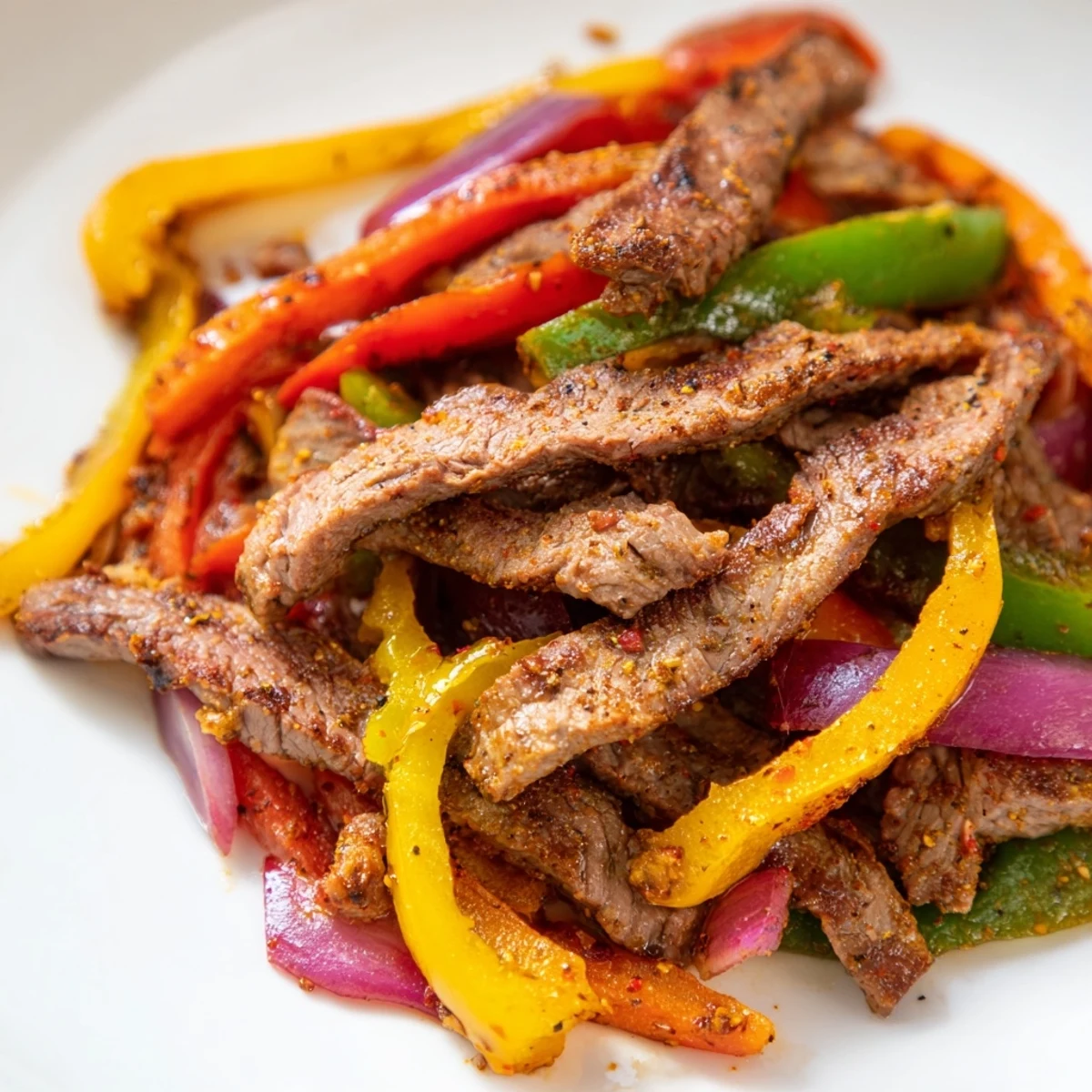 Sizzling hot Beef Fajitas with peppers and onions served warm with soft flour tortillas on a rustic wooden table.